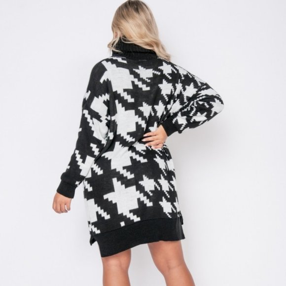 Black Knitted Houndstooth Long Sleeve Turtleneck Oversized Mini Sweater Dress - Picture 3 of 9
